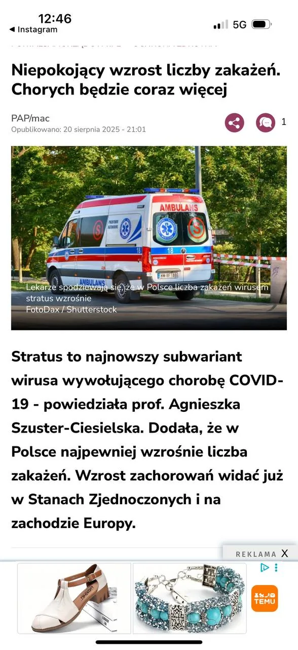 Zrzut ekranu artykułu informacyjnego o rosnącej liczbie zakażeń wariantem wirusa COVID-19