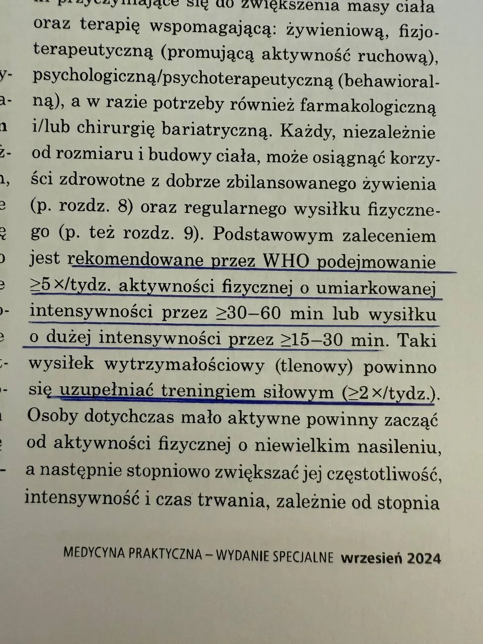 Fragment polskiego tekstu o redukcji masy ciała, aktywności fizycznej i zaleceniach zdrowotnych